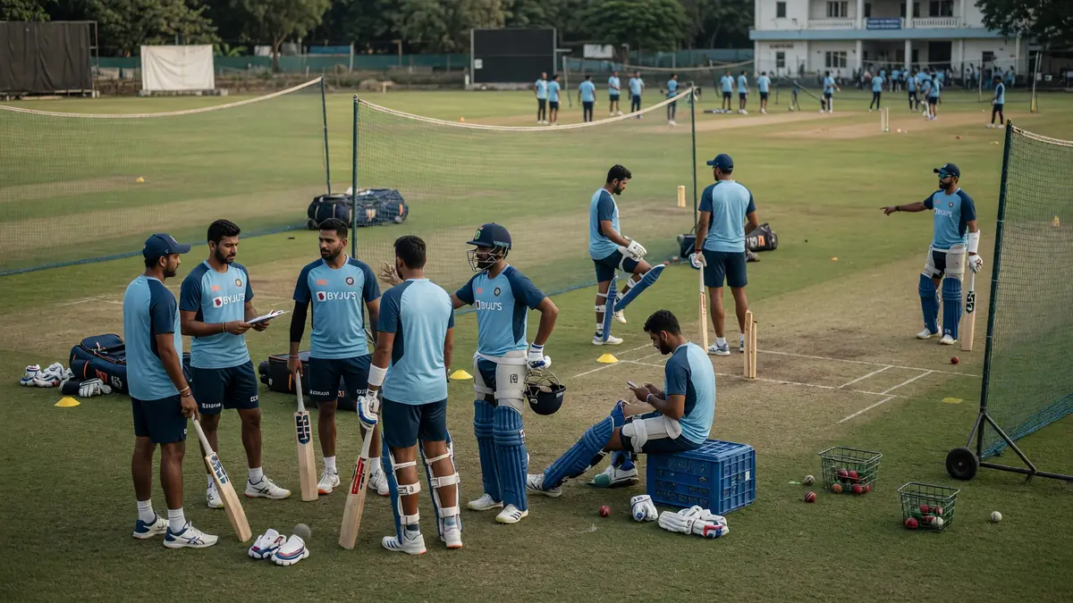Medium shot of cricketers and coaching staff gathered on the field during a tactical session