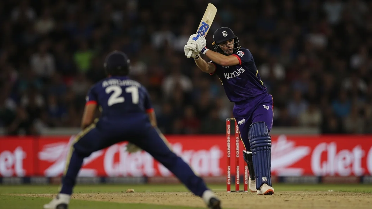 Tight sideline action frame of an England seam bowler running in at pace during the second T20I against India at Trent Bridge