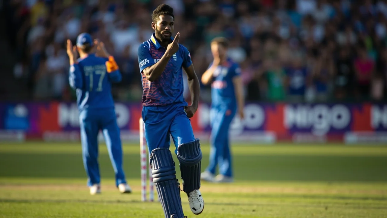 Medium tactical shot of England fielders in position and the bowler mid-run-up during the second T20I against India at Trent Bridge
