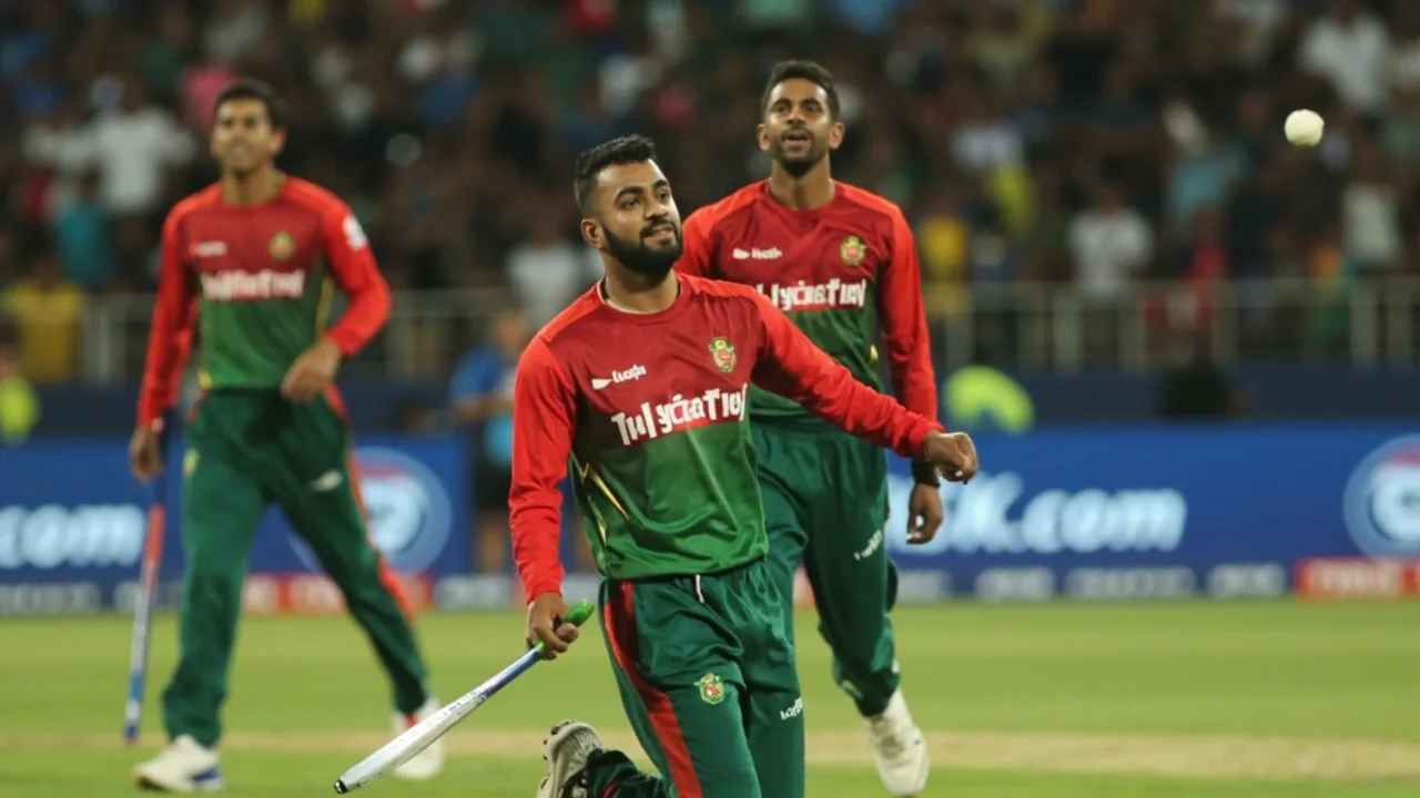 Medium tactical scene of fielders in position with the bowler running in during a Harare ODI